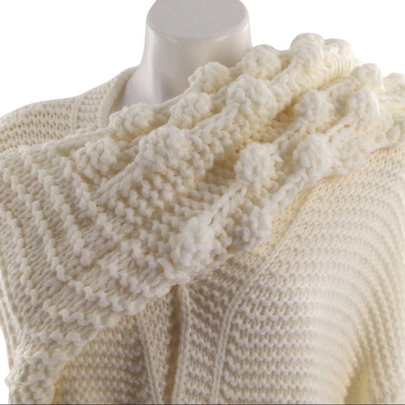 Simply Couture Oversized Beige Open Knit Pom-Pom Sleeve Sweater Cardigan - Picture 6 of 13